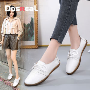 DOSREAL Spring Autumn Women Shoes Genuine Lace-up Leather Oxford Shoes WhiteBlack flats shoes Ladies casual ladies driving shoes