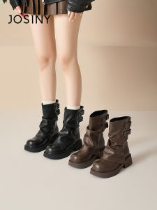 Josiny | Brown Fur-lined Stacked Short Boots Winter Thick Sole Style