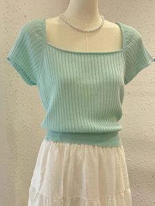 Green Square Collar Ice Silk Knitted Short Sleeve T-Shirt Women Summer New Style Slimming High-End Short Length Top