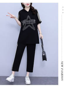 ชุดสองชิ้นแฟชั่นฤดูร้อนสำหรับผู้หญิงไซส์ใหญ่ ทรงหลวม ทรงเข้ารูป กางเกงขายาว 7 ฟุต ดีไซน์เก๋ไก๋ ลำลอง ชุดทำงาน