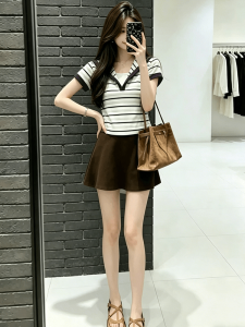 Shalldoer | Plus Size Womens Two-Piece Look Stripe T-Shirt Slim Fit Summer