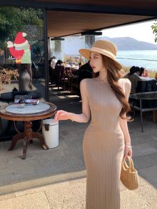 Womens round Neck Sleeveless Vest Dress Spring Summer Slimming Gentle Design Korean Style Waist-Cinched Midi Skirt