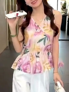 Shalldoer | French Elegant V-neck Floral Splicing Sleeveless Shirt Womens New 2025 Summer Thin Breathable High-grade Top Casual Style