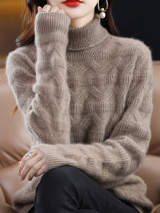 เสื้อขนแคชเมียร์ผู้หญิงเสื้อขนแกะคอสูงหนาพิเศษสำหรับฤดูใบไม้ร่วงและฤดูหนาวเสื้อแบบใหม่เสื้อถักคอปกทรงหลวมเสื้อตัวในเสื้อไหมพรมผู้หญิง