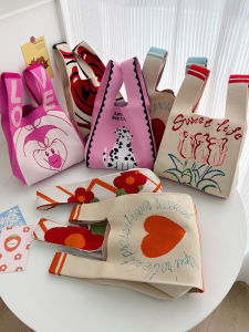 Fresh Knitted Tote Bag Korean Style Wooden Box Pattern Student Casual Handbag Soft Polyester Material Foldable Medium Size