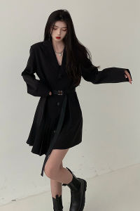 ชุดเดรสสีดำสไตล์ฝรั่งเศส ทรงเอ กระโปรงทรงเอ แขนยาว กระดุม ปิดด้วยซิป ทรงเข้ารูป ทรงเอ ผ้าผสมคอตตอนโพลีเอสเตอร์