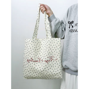 French Style Moonlight Blue Floral Canvas Tote Bag Womens Large Capacity Single Shoulder Bag Girls Tote Bag 2024 New