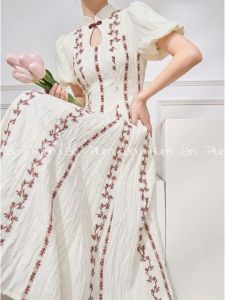 PlumJan | Pleated Texture Light Chinese Style Summer Mandarin Collar Embroidery Puff Sleeve Dress
