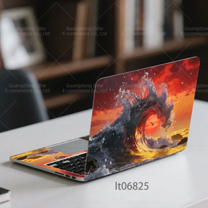 2PCS Sunset Ocean Wave Laptop Skin Sticker, Red Sky Seascape Nature ...