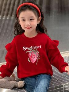 New Childrens Red Fleece Lined Thickened Hoodie Spring Autumn Seasonal Fashionable Girls Base Layer Shirt Korean Style Cotton Fabric
