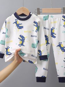 Autumn Winter Warm Pajama Set For Children Cotton Underwear For Kids Loungewear Boys Girls Round Neck Long Sleeves Pajamas Set