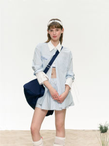 Loose Shoulder American Academy Style Blue Striped Womens Shirt And Single Button Skirt Set Summer Fashion Two-Piece Suit