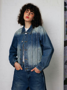 Sensory Garden American Retro Washed Gradient Split Stitching Denim Short Jacket Three-Dimensional Silhouette Cotton Womens Jacket