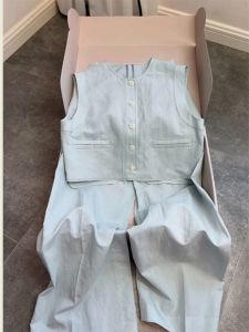 YUFUQING | Blue Cotton Linen Vest And Pants Set Fashionable Small Fragrance Style Streetwear Summer Outfit Complete High-End Sensation