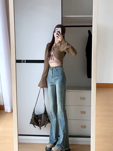 Dream Clothes🌸กางเกงแฟชั่นผู้หญิง🎊 กางเกงยีนส์ขาบาน เอวสูงสไตล์ย้อนยุคของเกาหลี ความสง่างามแบบสบายๆ