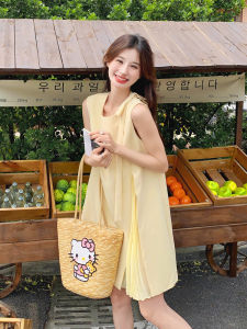 Sweet Yellow Off-Shoulder Doll Dress Womens Summer New Gentle Style Sleeveless Dress Korean Version Loose Waist A-Line Skirt