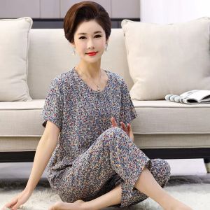 DTHN | Breathable Cotton Silk Sleepwear Set with Short Sleeve and Capri Pants for Elderly