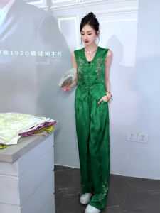 Fashionable Womens Summer 2025 Two-Piece Set with Buttoned Waistcoat Wide Leg Pants in Cotton V-Neck Short Sleeve Traditional Tang Costume