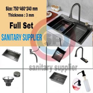KITCHEN SINK 7545 BLACK LUXURY MODEL BOLZANO DENGAN KRAN TARIK WITH WATERFALL/ BAK CUCI PIRING HITAM 7545 LUXURY STAINLESS