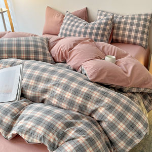 Dansunreve 4in1 Plaid Bedding Set Canadian Cotton Flat Bed Sheet Duvet Cover Pillowcase Geometric Single Double Queen King Ready Stock