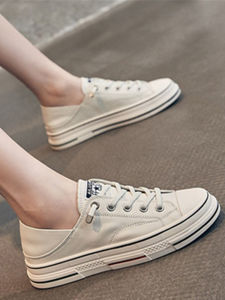 2024 Spring & Fall New All-Matching Womens Shoes Genuine Leather Lace-up Shoes Flats White Shoes Two-Way Casual Shoes Soft Bottom Skateboard Shoes
