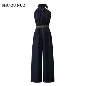 Summer 2024 Vintage Sleeveless Wide Leg Pants One Piece Dress High Waist Loose Drapey Floor Length Denim Overalls Women