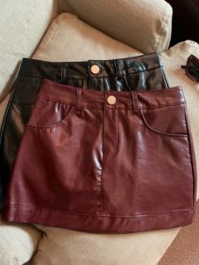GUZILIAN | Fashionable High Waist PU Leather Mini Skirt Womens Autumn Winter Slimming A-Line Short Skirt Stylish Retro Low Waist Design