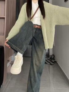 Retro Cement Gray High Waist Denim Female Spring and Autumn Plus Size Plus Size Ladies Pear Shapes Loose Straight-Leg Wide-Leg Pants