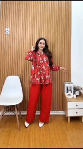 Oneset Bunga CPLP kombinasi motif bunga polos full kancing Setelan wanita celana atasan panjang