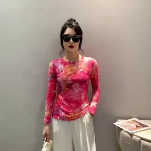 AMMIN 2024 Autumn new simple crew neck fashion vintage floral print long sleeve T-shirt Womans Korean style Fashion is classy blouse with a colorful ink print