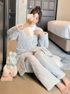 Thickened Coral Fleece Sleepwear Womens Style National Trend Home Clothes Long Sleeve V-Neck Long Pants Winter Season Outerwear