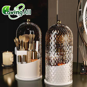 Makeup Brush Holder with Lid Diamond Birdcage 360° Rotating Makeup Organizer Dustproof Cosmetics Storage Box Container