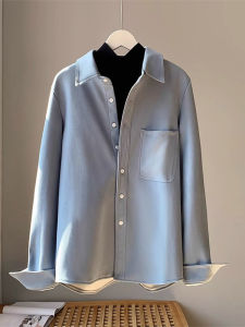 เสื้อเชิ้ตสีน้ำเงินสำหรับผู้หญิง ฤดูใบไม้ร่วง/ฤดูหนาว เสื้อคลุมกันหนาวแบบหนา เสื้อเชิ้ตชั้นใน ชุดทำงาน สไตล์ฮ่องกง คอโปโล แขนยาว ปกติ