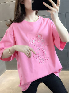 Pink Short Sleeve Womens T-shirt Loose Fit Cotton Baseball Jersey Unique Bear Design Summer New Style Korean Version round Neck