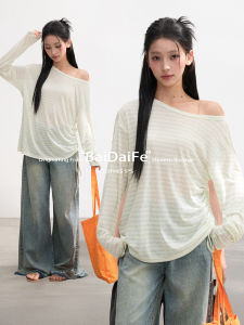 BAIDAIFEI | Green Stripe Off-shoulder See-through Sunscreen Lightweight Irregular Tee