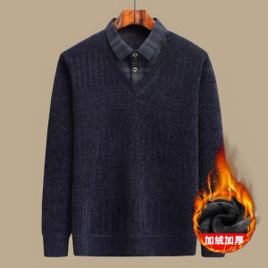 เสื้อสเวตเตอร์ถักนิตติ้งหนาแบบสวมหัวสำหรับผู้ชาย ฤดูหนาว ขนแกะ ผ้าฝ้ายผสม เสื้อเชิ้ตแขนยาว ทรงหลวม ปกโปโล