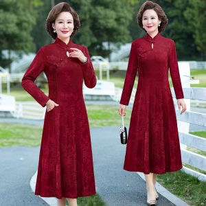 Elegant Long Sleeve Knee-Length Mommy Dress Slimming Qipao Gown Vintage Style Daily Wear Body Shape Enhancing Chinese Costume