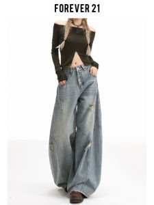 Forever 21 American Style Loose Wide Leg Jeans Womens High Waist Torn Autumn Light Blue Denim Pants Casual High Waist Jeans