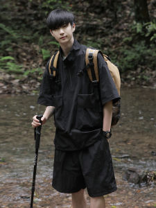 Summer Japanese Outdoor Stand Collar Half Zip Overall Suit Mens Loose and Simple Casual Short Sleeve Shorts Complete Set of Matching