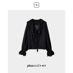 Plusmall Sweet Peach Scented Woven Chiffon Spring Edition V-neck Design Sense Belted Top Womens Fashion Shirt Long Sleeve