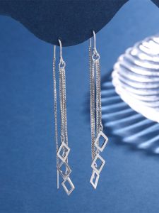 S925 Sterling Silver Diamond Hanging Earrings Womens Minimalist Graceful Geometric Long Fringe Earrings Ins Fairy Face Slimming Silver Jewelry