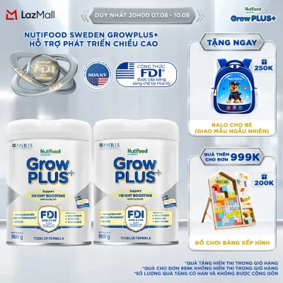 Combo 2 Sữa Bột Nutifood Sweden GrowPLUS+ Cao lớn vượt trội - Hỗ trợ phát triển chiều cao (Bạc) 800g