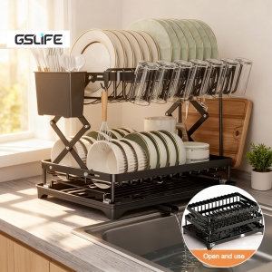 GSlife 42cm 2-Tier Foldable Carbon Steel Dish Rack with Cup Holder & Drain Tray