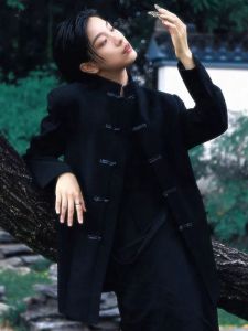 New Chinese Style Mens Stand Collar Suit Jacket Buttonless Structure Polyester Fiber Long Sleeve Mid-Length Single-Breasted