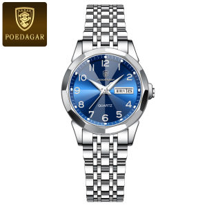POEDAGAR Top Original Quartz Ladies Wristwatch Stainless Steel Date Week Woman Watch Waterproof Luminous Fashion Womens Watches
