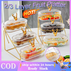 Multi Layer Fruit Plate Tray Dessert Display Stand With Metal Rack Holder Party Serving Platter Snack Candy Plate Food Organizer With Cover For Living Room Afternoon Tea Party Wedding Luxury Tray