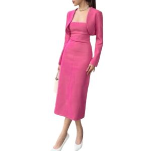 PIMNADACLOSET Long Sleeve Crop Top And Solid Spaghetti Strap Back Slit Set - P014-056