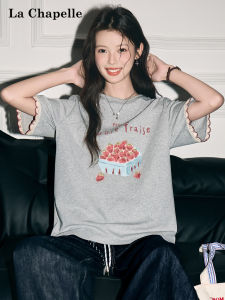La Chapelle | Gray Round Neck Letter Print Summer T-Shirt Short Sleeves Lace Cuff Loose Design