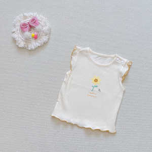 Cute Cartoon Patterned Short Sleeve Summer T-Shirt Thin round Neck Fly Sleeve Shoulder Buckle Top for Baby Girls Cotton Blend