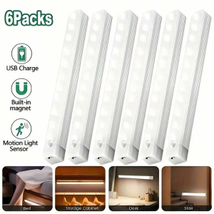 6pc Wireless Rechargeable LED Motion Sensor Cabinet Light - Ideal for Closet Kitchen Wardrobe Stairs - Battery Operated Night